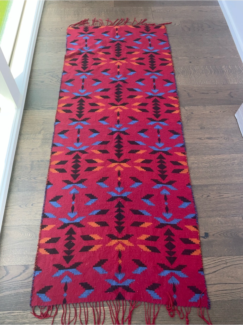 Divided Red Geometric Fringe Scarf with Blue and Orange Accents
